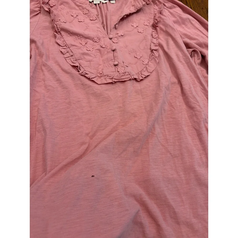 Boden Pink Embroidered Ruffle Bib Long Sleeve Slub Jersey Top Womens 8